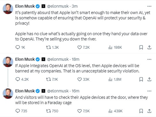 马斯克说若苹果在操作系统层面集成OpenAI就将禁止其设备进入他的公司
